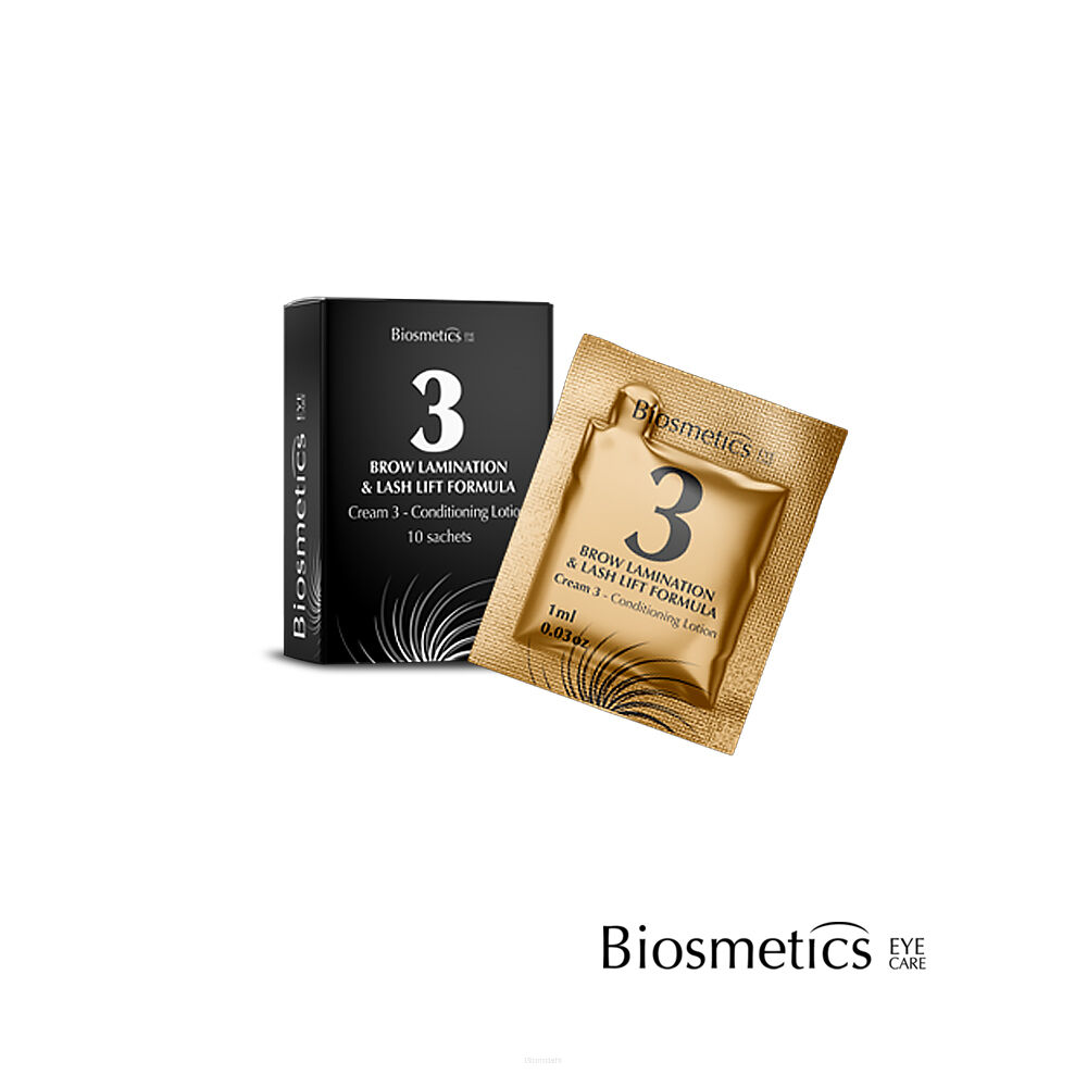 odżywczy balsam to trzeci etap liftingu rzęs i laminacji brwi, BIOSMETICS Perm & Lift Cream No. 3, który po zabiegu regeneruje, odżywia i koi włos dzięki formule z pantenolem, aloesem, arniką i jedwabiem, opakowanie zawiera 10 saszetek z produktem. 