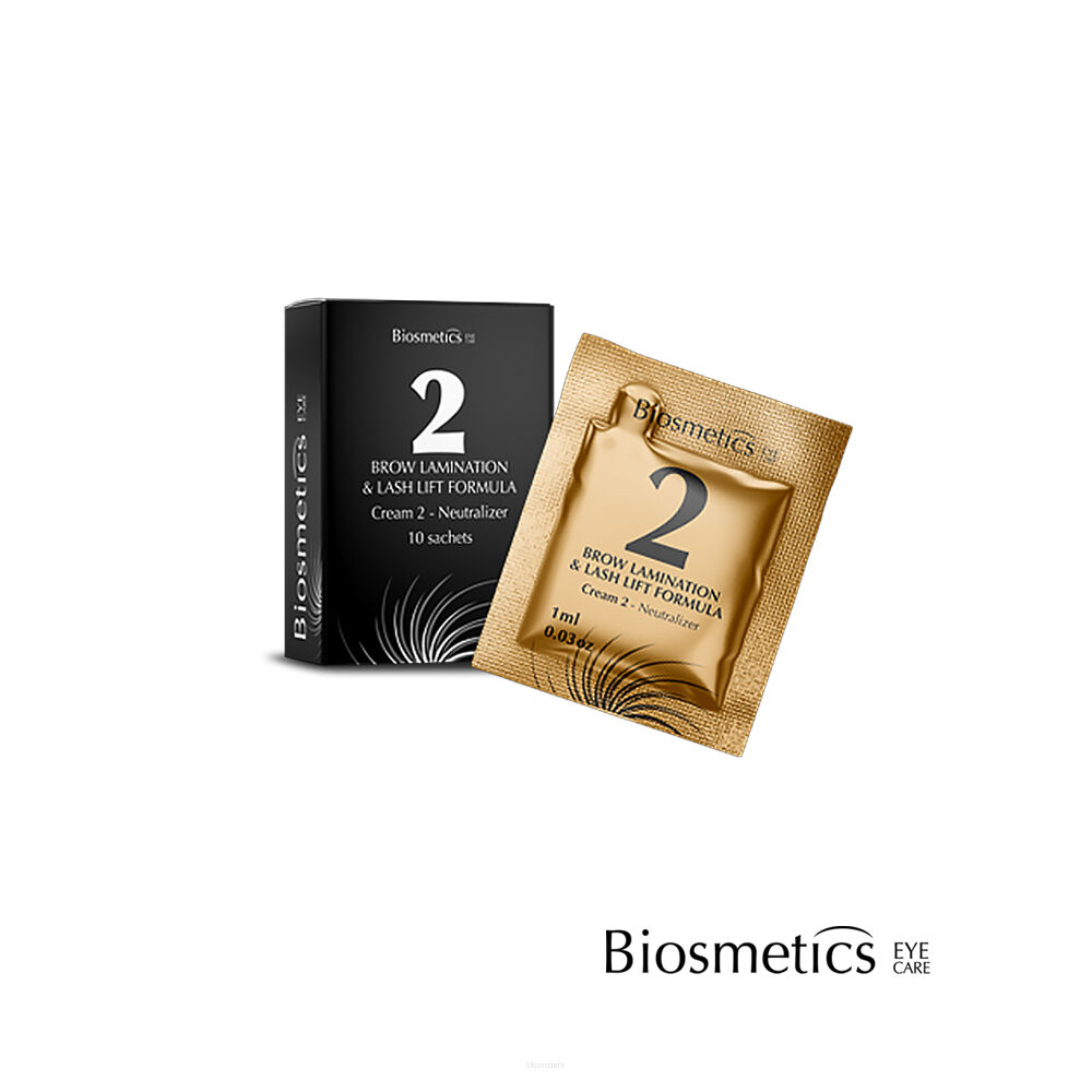 Profesjonalny krem neutralizujący do liftingu rzęs i laminacji brwi, BIOSMETICS Perm & Lift Cream No. 2 – Neutralizer Lotion, który utrwala nadany kształt włosa na 6–8 tygodni, jednocześnie pielęgnując go dzięki odżywczej formule z masłem kakaowym, kwasem hialuronowym i pantenolem, opakowanie zawiera 10 saszetek z produktem. 
